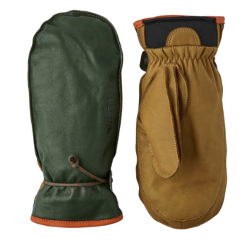Dark green leather mittens with a tan palm.