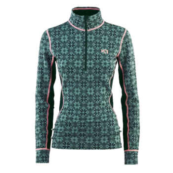 Kari Traa baselayer top with a green alpine pattern, long sleeves and a high neck.