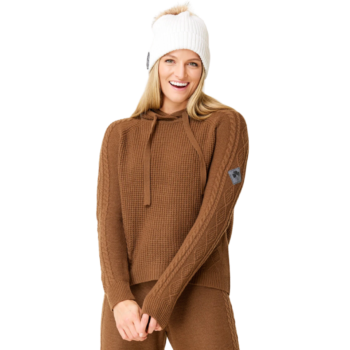 Blonde woman wearing brown Krimson Klover hoodie and white hat.
