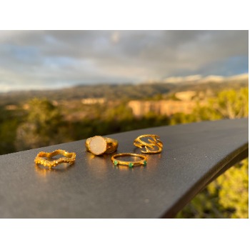 Four rings displayed on a table over looking mountains.