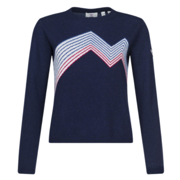 Blue long sleeve sweater with mountain-like stripes across the chest.