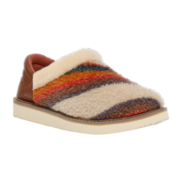 Multi-stripe sherpa slipper with tan heel and white base.