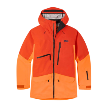 Bright orange two tone Stio winter jacket.