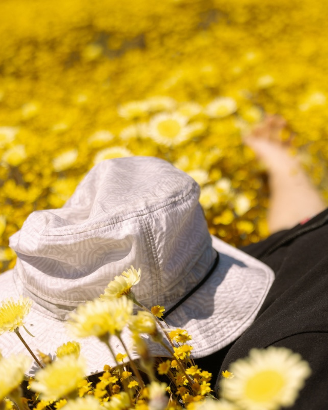 Coal Traverse Bucket Hat in a field of yellow flowers