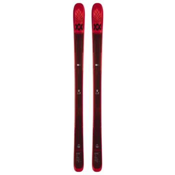 Red two-tone Volkl skis.