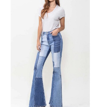 Model wearing vervet colorblock jeans.